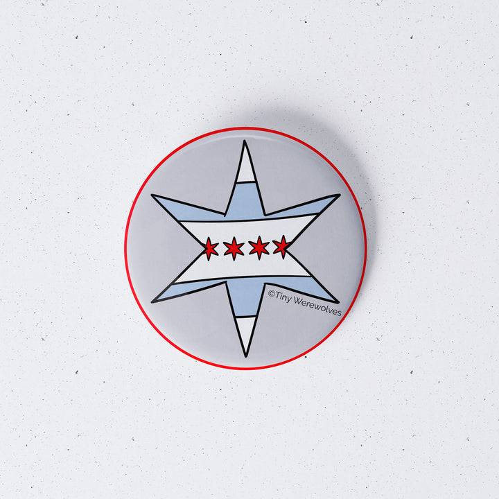 Based in Chicago by queer artist & designer Kayla Pekkala - Tiny Werewolves | Chicago Star Flag 1" Mini Button Pin in | Shop to get your Metal Pinback Button with collections featuring retro-inspired designs infused with social commentary art, highlighting modern social & current events.