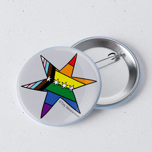 Based in Chicago by queer artist & designer Kayla Pekkala - Tiny Werewolves | Chicago Star Progressive Rainbow Pride Flag 1" Mini Button Pin in | Shop to get your Metal Pinback Button with collections featuring retro-inspired designs infused with social commentary art, highlighting modern social & current events.