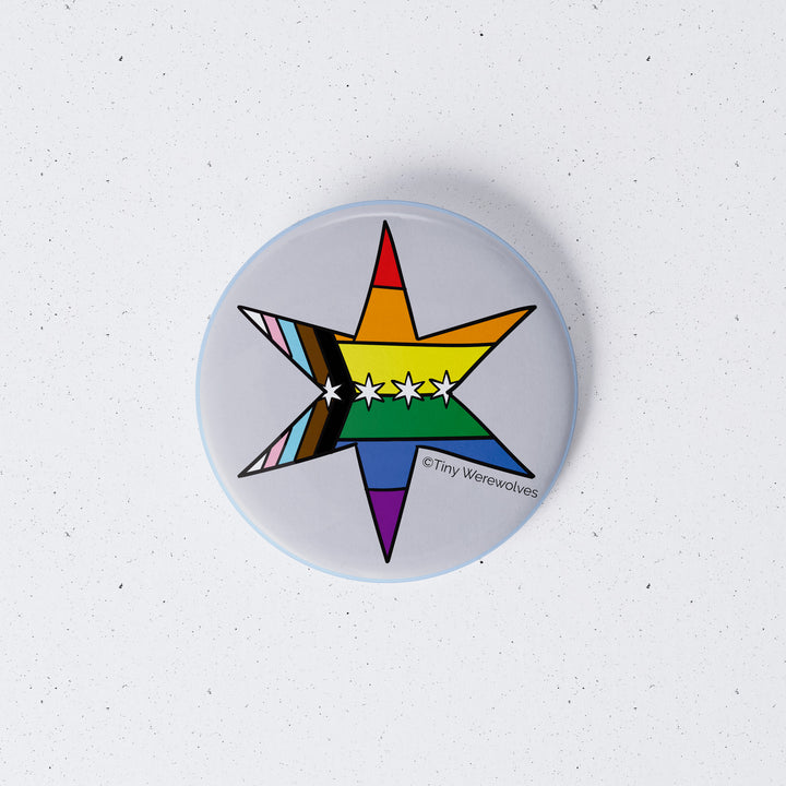 Based in Chicago by queer artist & designer Kayla Pekkala - Tiny Werewolves | Chicago Star Progressive Rainbow Pride Flag 1" Mini Button Pin in | Shop to get your Metal Pinback Button with collections featuring retro-inspired designs infused with social commentary art, highlighting modern social & current events.