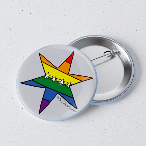Based in Chicago by queer artist & designer Kayla Pekkala - Tiny Werewolves | Chicago Star Rainbow Pride Flag 1" Mini Button Pin in | Shop to get your Metal Pinback Button with collections featuring retro-inspired designs infused with social commentary art, highlighting modern social & current events.