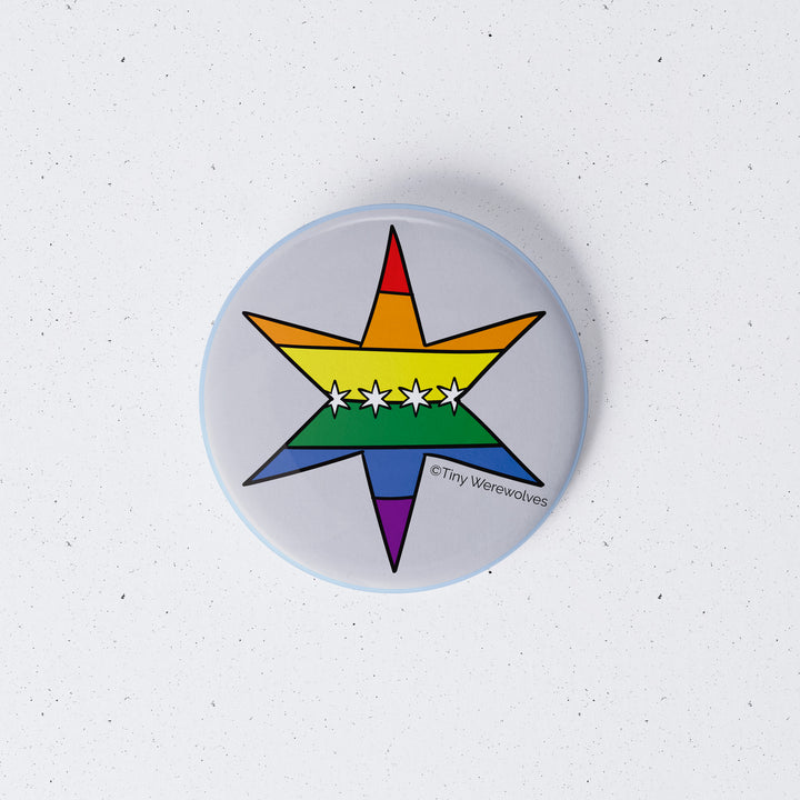 Based in Chicago by queer artist & designer Kayla Pekkala - Tiny Werewolves | Chicago Star Rainbow Pride Flag 1" Mini Button Pin in | Shop to get your Metal Pinback Button with collections featuring retro-inspired designs infused with social commentary art, highlighting modern social & current events.