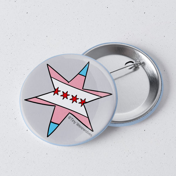 Based in Chicago by queer artist & designer Kayla Pekkala - Tiny Werewolves | Chicago Star Transgender Pride Flag 1" Mini Button Pin in | Shop to get your Metal Pinback Button with collections featuring retro-inspired designs infused with social commentary art, highlighting modern social & current events.