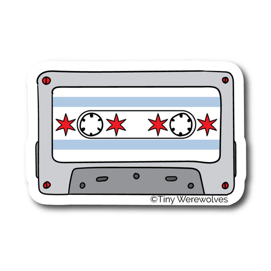 Based in Chicago by queer artist & designer Kayla Pekkala - Tiny Werewolves | Chicago Flag Cassette Tape Sticker in | Shop to get your Sticker with collections featuring retro-inspired designs infused with social commentary art, highlighting modern social & current events.