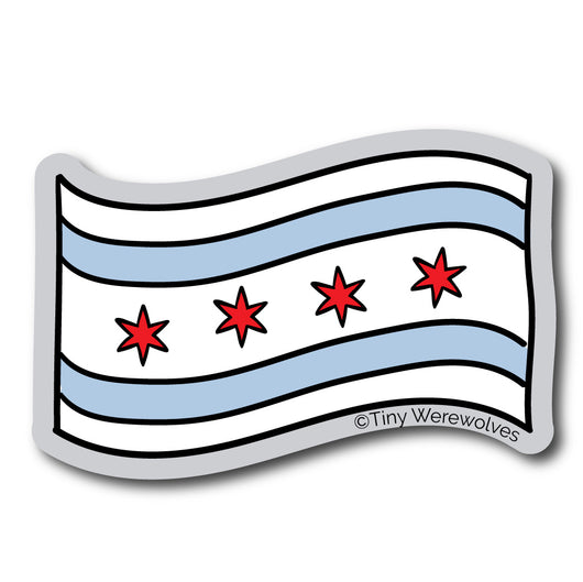 Based in Chicago by queer artist & designer Kayla Pekkala - Tiny Werewolves | Chicago Flag Sticker in | Shop to get your Sticker with collections featuring retro-inspired designs infused with social commentary art, highlighting modern social & current events.