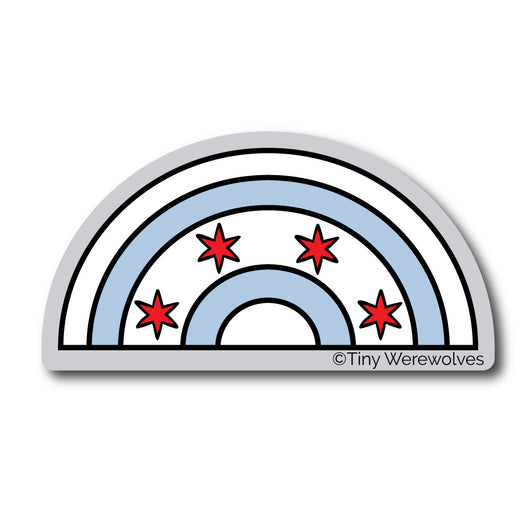 Based in Chicago by queer artist & designer Kayla Pekkala - Tiny Werewolves | Chicago Flag Arched Rainbow Sticker in | Shop to get your Sticker with collections featuring retro-inspired designs infused with social commentary art, highlighting modern social & current events.