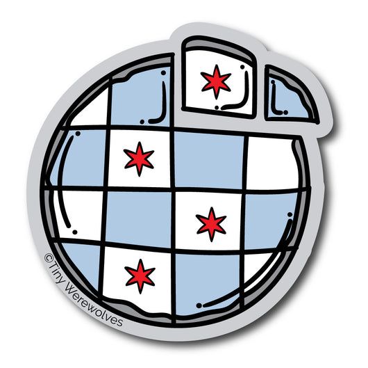 Based in Chicago by queer artist & designer Kayla Pekkala - Tiny Werewolves | Chicago Thin Crust Pizza Flag Sticker in | Shop to get your Sticker with collections featuring retro-inspired designs infused with social commentary art, highlighting modern social & current events.