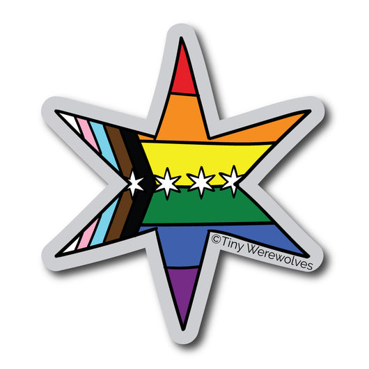 Based in Chicago by queer artist & designer Kayla Pekkala - Tiny Werewolves | Chicago Star Progressive Rainbow Pride Flag Sticker in | Shop to get your Sticker with collections featuring retro-inspired designs infused with social commentary art, highlighting modern social & current events.
