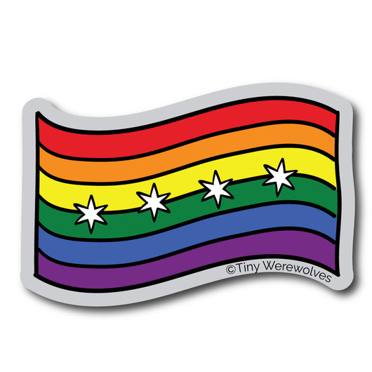 Based in Chicago by queer artist & designer Kayla Pekkala - Tiny Werewolves | Chicago Flag Rainbow Sticker in | Shop to get your Sticker with collections featuring retro-inspired designs infused with social commentary art, highlighting modern social & current events.