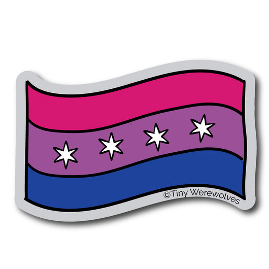 Based in Chicago by queer artist & designer Kayla Pekkala - Tiny Werewolves | Chicago Bisexual Pride Flag Sticker in | Shop to get your Sticker with collections featuring retro-inspired designs infused with social commentary art, highlighting modern social & current events.