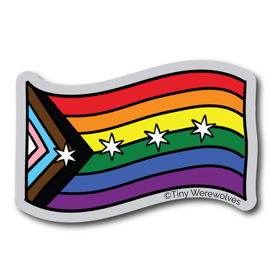 Based in Chicago by queer artist & designer Kayla Pekkala - Tiny Werewolves | Chicago Progressive Rainbow Pride Flag Sticker in | Shop to get your Sticker with collections featuring retro-inspired designs infused with social commentary art, highlighting modern social & current events.