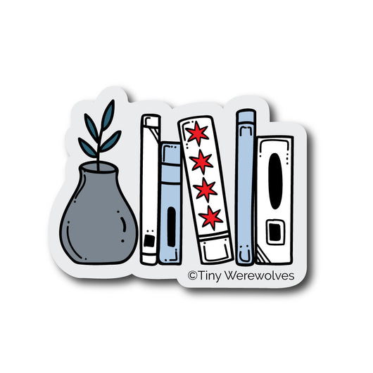Based in Chicago by queer artist & designer Kayla Pekkala - Tiny Werewolves | Chicago Flag Bookshelf Sticker in | Shop to get your Sticker with collections featuring retro-inspired designs infused with social commentary art, highlighting modern social & current events.