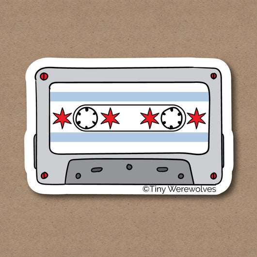 Based in Chicago by queer artist & designer Kayla Pekkala - Tiny Werewolves | Chicago Flag Cassette Tape Sticker in 5" Sticker | Shop to get your Sticker with collections featuring retro-inspired designs infused with social commentary art, highlighting modern social & current events.