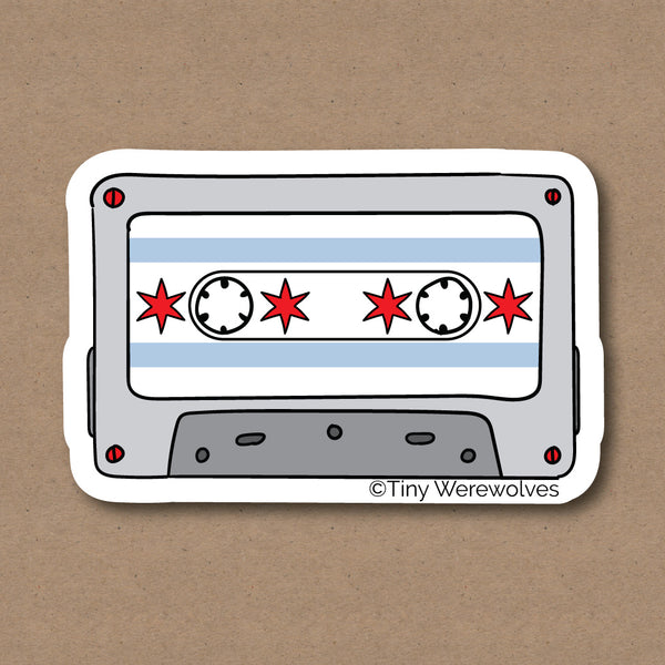 Based in Chicago by queer artist & designer Kayla Pekkala - Tiny Werewolves | Chicago Flag Cassette Tape Sticker in 5" Sticker | Shop to get your Sticker with collections featuring retro-inspired designs infused with social commentary art, highlighting modern social & current events.