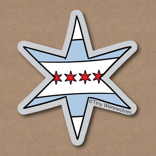 Based in Chicago by queer artist & designer Kayla Pekkala - Tiny Werewolves | Chicago Star Flag Sticker in 5" Sticker | Shop to get your Sticker with collections featuring retro-inspired designs infused with social commentary art, highlighting modern social & current events.