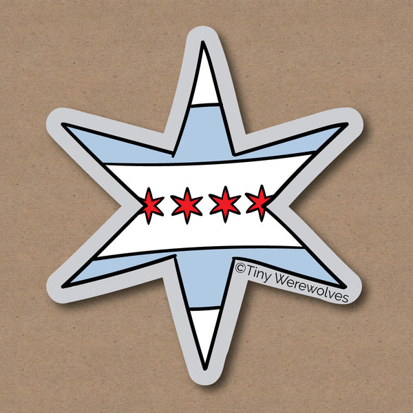 Based in Chicago by queer artist & designer Kayla Pekkala - Tiny Werewolves | Chicago Star Flag Sticker in 5" Sticker | Shop to get your Sticker with collections featuring retro-inspired designs infused with social commentary art, highlighting modern social & current events.
