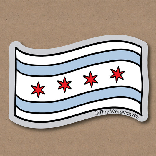 Based in Chicago by queer artist & designer Kayla Pekkala - Tiny Werewolves | Chicago Flag Sticker in 5" Sticker | Shop to get your Sticker with collections featuring retro-inspired designs infused with social commentary art, highlighting modern social & current events.