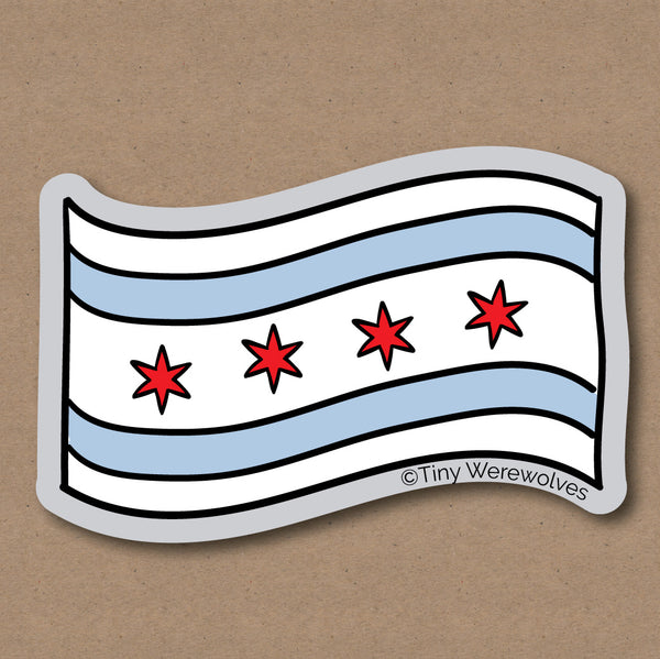 Based in Chicago by queer artist & designer Kayla Pekkala - Tiny Werewolves | Chicago Flag Sticker in 5" Sticker | Shop to get your Sticker with collections featuring retro-inspired designs infused with social commentary art, highlighting modern social & current events.