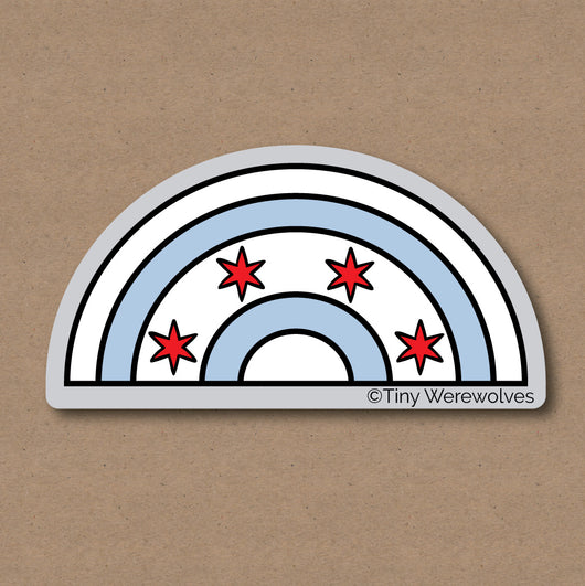 Based in Chicago by queer artist & designer Kayla Pekkala - Tiny Werewolves | Chicago Flag Arched Rainbow Sticker in 5" Sticker | Shop to get your Sticker with collections featuring retro-inspired designs infused with social commentary art, highlighting modern social & current events.