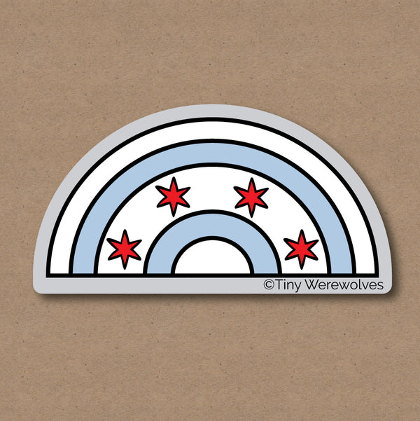 Based in Chicago by queer artist & designer Kayla Pekkala - Tiny Werewolves | Chicago Flag Arched Rainbow Sticker in 5" Sticker | Shop to get your Sticker with collections featuring retro-inspired designs infused with social commentary art, highlighting modern social & current events.