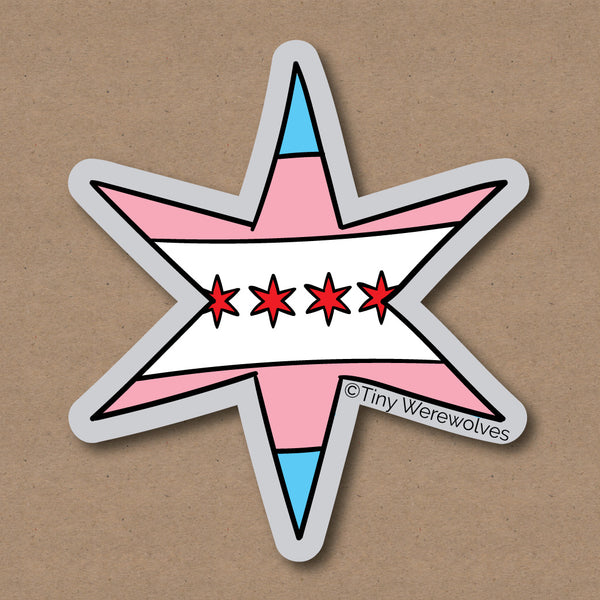 Based in Chicago by queer artist & designer Kayla Pekkala - Tiny Werewolves | Chicago Star Transgender Pride Flag Sticker in 5" Sticker | Shop to get your Sticker with collections featuring retro-inspired designs infused with social commentary art, highlighting modern social & current events.