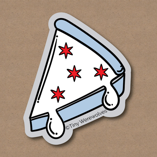 Based in Chicago by queer artist & designer Kayla Pekkala - Tiny Werewolves | Chicago Deep Dish Pizza Flag Sticker in 5" Sticker | Shop to get your Sticker with collections featuring retro-inspired designs infused with social commentary art, highlighting modern social & current events.