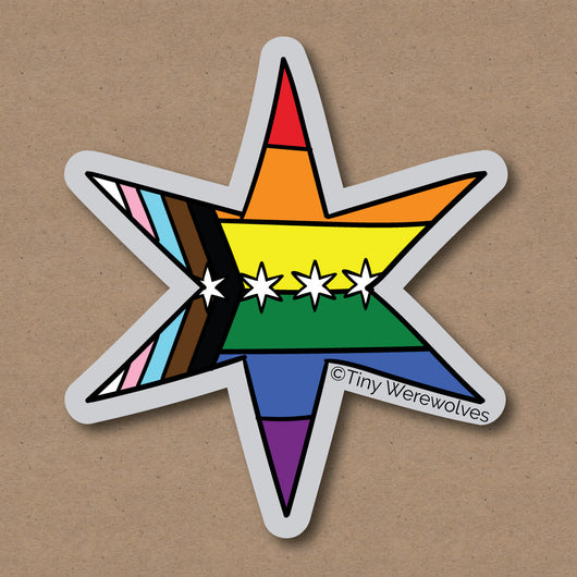 Based in Chicago by queer artist & designer Kayla Pekkala - Tiny Werewolves | Chicago Star Progressive Rainbow Pride Flag Sticker in 5" Sticker | Shop to get your Sticker with collections featuring retro-inspired designs infused with social commentary art, highlighting modern social & current events.