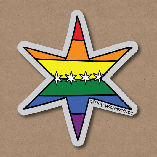 Based in Chicago by queer artist & designer Kayla Pekkala - Tiny Werewolves | Chicago Star Rainbow Pride Flag Sticker in 5" Sticker | Shop to get your Sticker with collections featuring retro-inspired designs infused with social commentary art, highlighting modern social & current events.