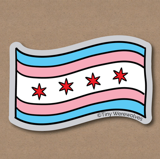 Based in Chicago by queer artist & designer Kayla Pekkala - Tiny Werewolves | Chicago Transgender Pride Flag Sticker in 5" Sticker | Shop to get your Sticker with collections featuring retro-inspired designs infused with social commentary art, highlighting modern social & current events.
