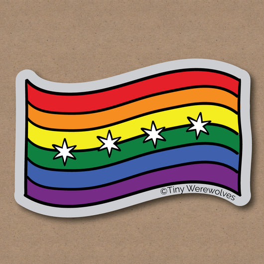Based in Chicago by queer artist & designer Kayla Pekkala - Tiny Werewolves | Chicago Flag Rainbow Sticker in 5" Sticker | Shop to get your Sticker with collections featuring retro-inspired designs infused with social commentary art, highlighting modern social & current events.