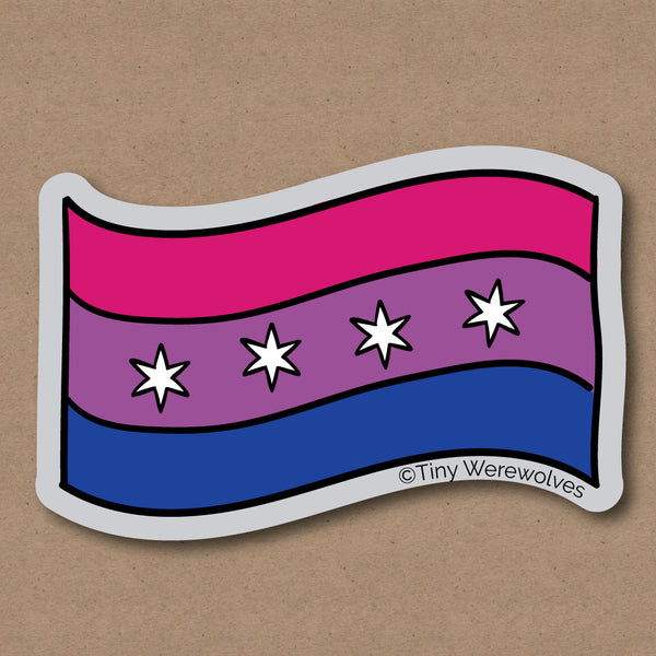 Based in Chicago by queer artist & designer Kayla Pekkala - Tiny Werewolves | Chicago Bisexual Pride Flag Sticker in 5" Sticker | Shop to get your Sticker with collections featuring retro-inspired designs infused with social commentary art, highlighting modern social & current events.