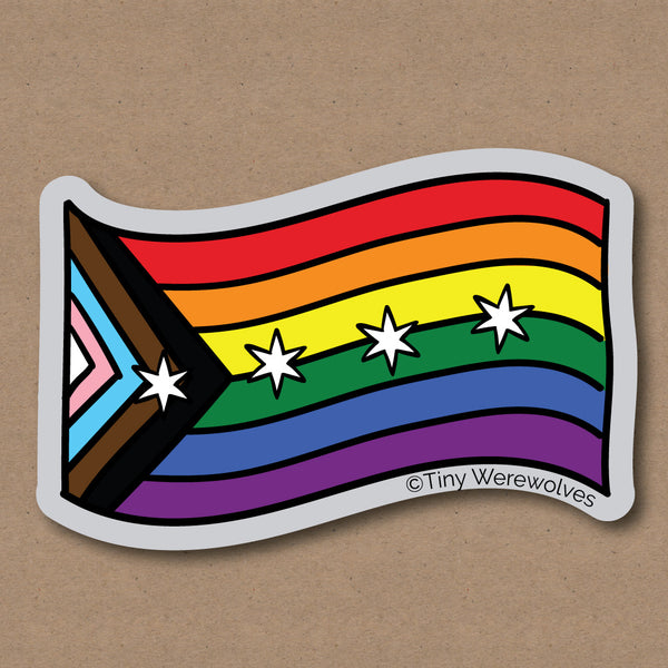 Based in Chicago by queer artist & designer Kayla Pekkala - Tiny Werewolves | Chicago Progressive Rainbow Pride Flag Sticker in 5" Sticker | Shop to get your Sticker with collections featuring retro-inspired designs infused with social commentary art, highlighting modern social & current events.