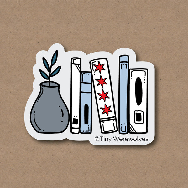 Based in Chicago by queer artist & designer Kayla Pekkala - Tiny Werewolves | Chicago Flag Bookshelf Sticker in 5" Sticker | Shop to get your Sticker with collections featuring retro-inspired designs infused with social commentary art, highlighting modern social & current events.