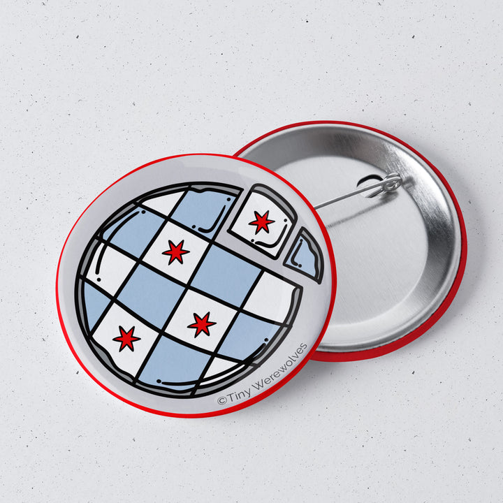Based in Chicago by queer artist & designer Kayla Pekkala - Tiny Werewolves | Chicago Thin Crust Pizza Flag 1" Mini Button Pin in | Shop to get your Metal Pinback Button with collections featuring retro-inspired designs infused with social commentary art, highlighting modern social & current events.