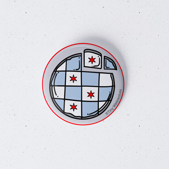 Based in Chicago by queer artist & designer Kayla Pekkala - Tiny Werewolves | Chicago Thin Crust Pizza Flag 1" Mini Button Pin in | Shop to get your Metal Pinback Button with collections featuring retro-inspired designs infused with social commentary art, highlighting modern social & current events.