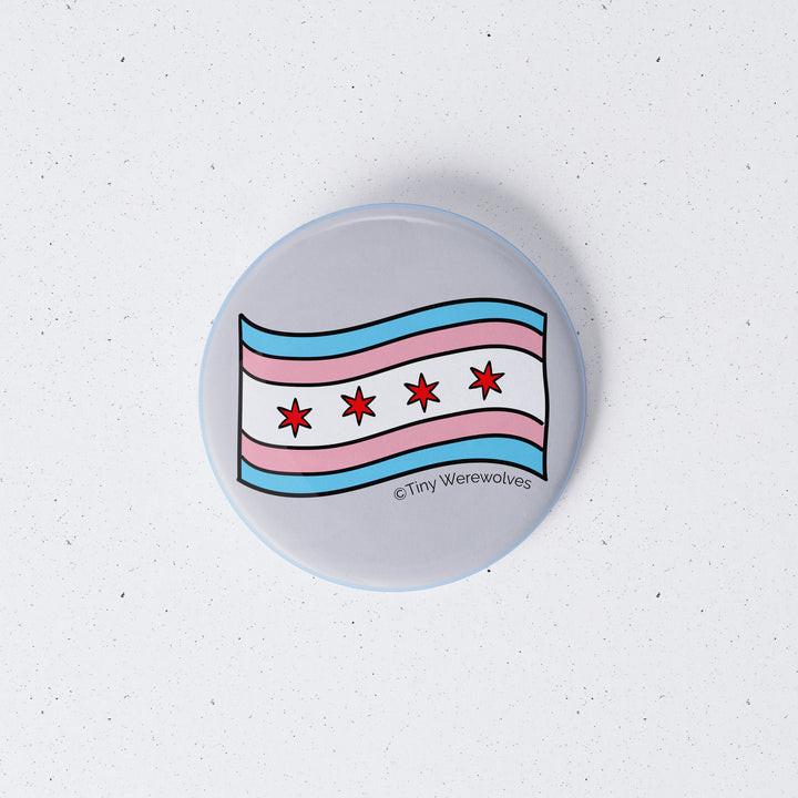 Based in Chicago by queer artist & designer Kayla Pekkala - Tiny Werewolves | Chicago Transgender Pride Flag 1" Mini Button Pin in | Shop to get your Metal Pinback Button with collections featuring retro-inspired designs infused with social commentary art, highlighting modern social & current events.