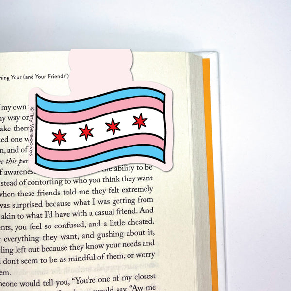 Based in Chicago by queer artist & designer Kayla Pekkala - Tiny Werewolves | Chicago Transgender Pride Flag Laminated Magnetic Bookmark in | Shop to get your Magnetic Bookmark with collections featuring retro-inspired designs infused with social commentary art, highlighting modern social & current events.
