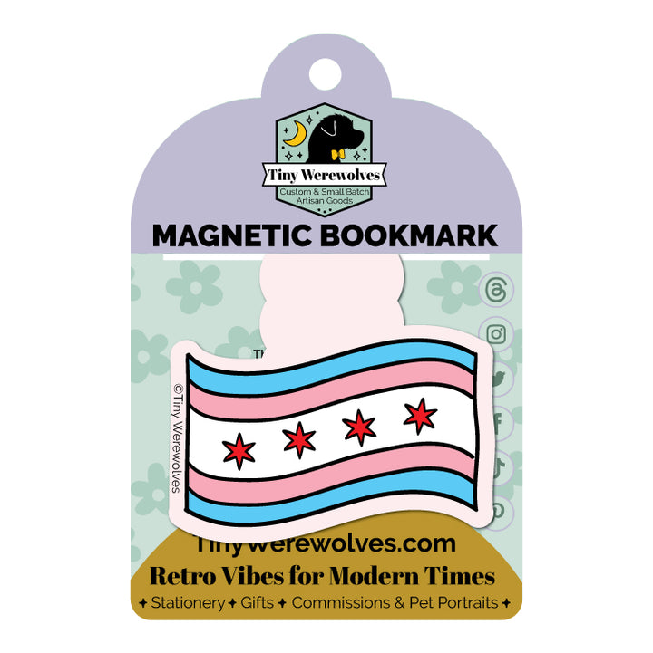 Based in Chicago by queer artist & designer Kayla Pekkala - Tiny Werewolves | Chicago Transgender Pride Flag Laminated Magnetic Bookmark in | Shop to get your Magnetic Bookmark with collections featuring retro-inspired designs infused with social commentary art, highlighting modern social & current events.