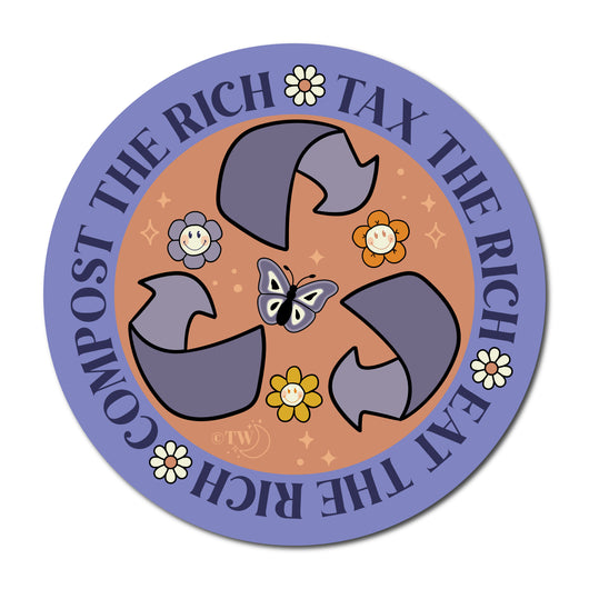 Based in Chicago by queer artist & designer Kayla Pekkala - Tiny Werewolves | Tax | Eat | Compost the Rich Sticker in 5" Sticker | Shop to get your Sticker with collections featuring retro-inspired designs infused with social commentary art, highlighting modern social & current events.