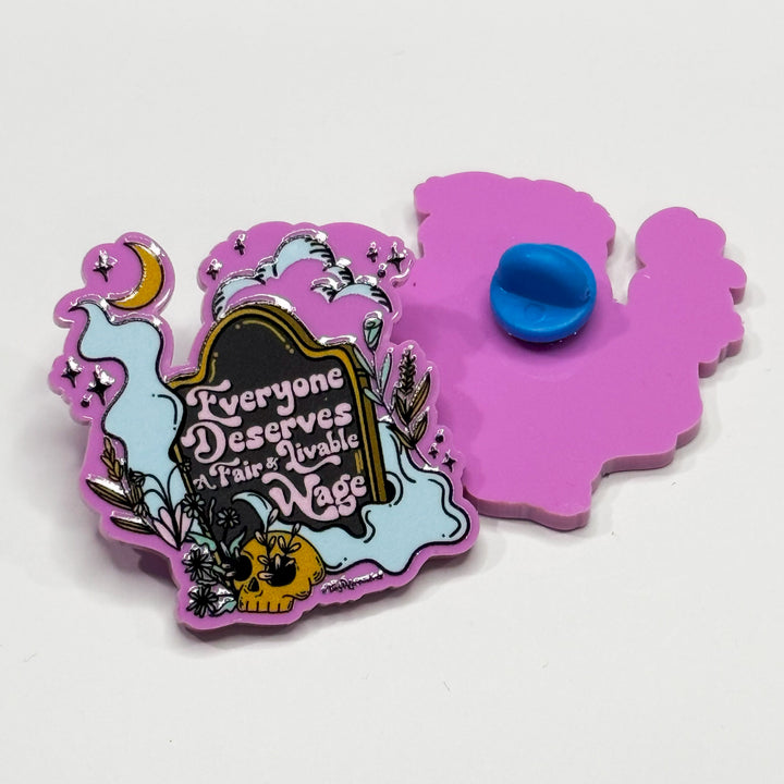 Based in Chicago by queer artist & designer Kayla Pekkala - Tiny Werewolves | Everyone Deservers A Fair Wage Acrylic Pin in | Shop to get your Acrylic Pin with collections featuring retro-inspired designs infused with social commentary art, highlighting modern social & current events.