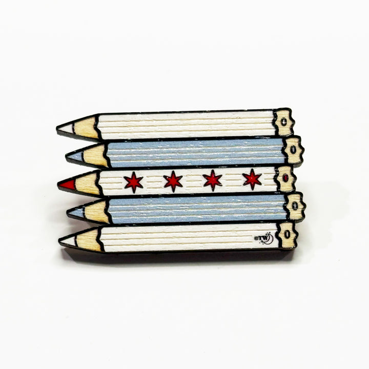 Based in Chicago by queer artist & designer Kayla Pekkala - Tiny Werewolves | Chicago Pencils Flag Wood Pin in Maple | Shop to get your Wood Pin with collections featuring retro-inspired designs infused with social commentary art, highlighting modern social & current events.