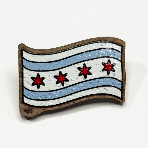 Based in Chicago by queer artist & designer Kayla Pekkala - Tiny Werewolves | Chicago Flag Wood Pin in Walnut | Shop to get your Wood Pin with collections featuring retro-inspired designs infused with social commentary art, highlighting modern social & current events.