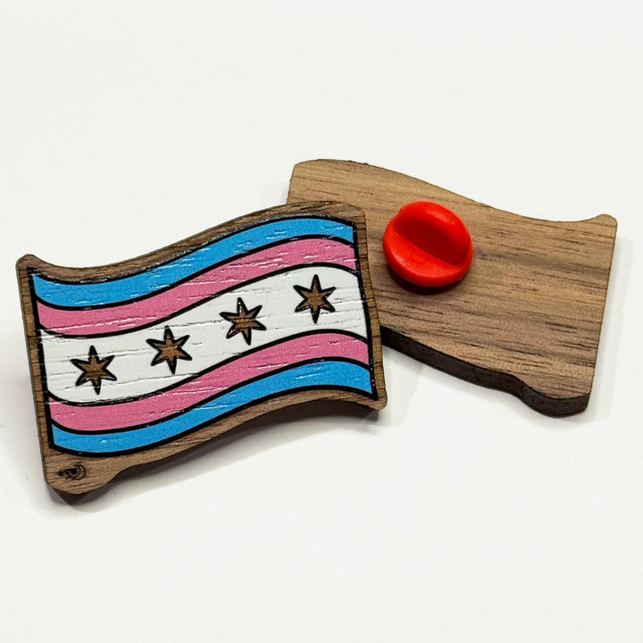 Based in Chicago by queer artist & designer Kayla Pekkala - Tiny Werewolves | Chicago Transgender Pride Flag Wood Pin in | Shop to get your Wood Pin with collections featuring retro-inspired designs infused with social commentary art, highlighting modern social & current events.