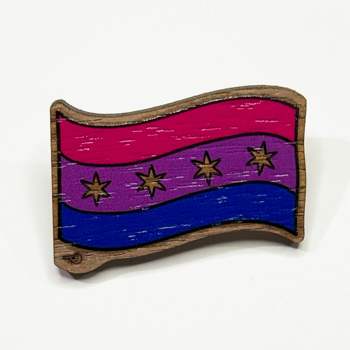 Based in Chicago by queer artist & designer Kayla Pekkala - Tiny Werewolves | Chicago Bisexual Pride Flag Wood Pin in Walnut | Shop to get your Wood Pin with collections featuring retro-inspired designs infused with social commentary art, highlighting modern social & current events.