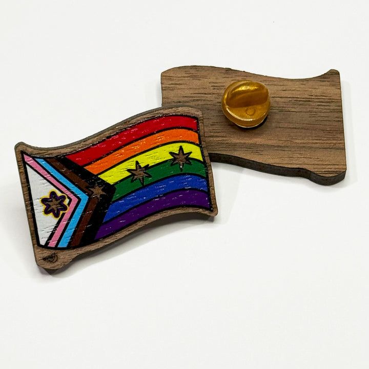 Based in Chicago by queer artist & designer Kayla Pekkala - Tiny Werewolves | Chicago Progressive Intersex-Inclusive Pride Flag Wood Pin in | Shop to get your Wood Pin with collections featuring retro-inspired designs infused with social commentary art, highlighting modern social & current events.