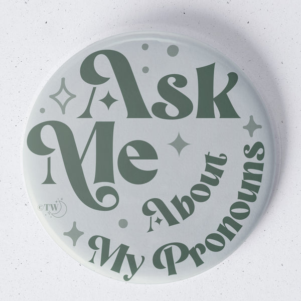 Based in Chicago by queer artist & designer Kayla Pekkala - Tiny Werewolves | Ask Me About My Pronouns Retro Stars 1.75" Button Pin in | Shop to get your Metal Pinback Button with collections featuring retro-inspired designs infused with social commentary art, highlighting modern social & current events.