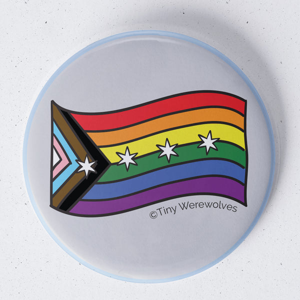 Based in Chicago by queer artist & designer Kayla Pekkala - Tiny Werewolves | Chicago Progressive Rainbow Pride 1.75" Button Pin in | Shop to get your Metal Pinback Button with collections featuring retro-inspired designs infused with social commentary art, highlighting modern social & current events.