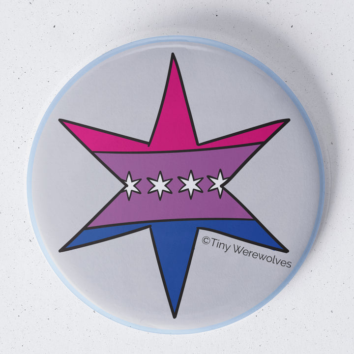 Based in Chicago by queer artist & designer Kayla Pekkala - Tiny Werewolves | Chicago Star Bisexual Pride Flag 1.75" Button Pin in | Shop to get your Metal Pinback Button with collections featuring retro-inspired designs infused with social commentary art, highlighting modern social & current events.