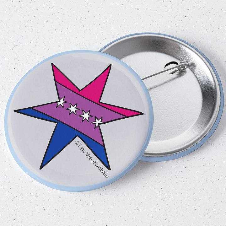 Based in Chicago by queer artist & designer Kayla Pekkala - Tiny Werewolves | Chicago Star Bisexual Pride Flag 1.75" Button Pin in | Shop to get your Metal Pinback Button with collections featuring retro-inspired designs infused with social commentary art, highlighting modern social & current events.