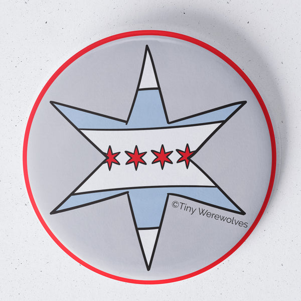 Based in Chicago by queer artist & designer Kayla Pekkala - Tiny Werewolves | Chicago Star Flag 1.75" Button Pin in | Shop to get your Metal Pinback Button with collections featuring retro-inspired designs infused with social commentary art, highlighting modern social & current events.