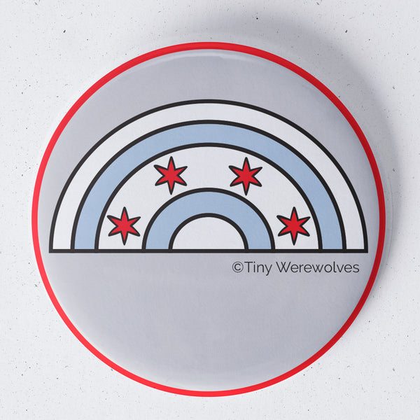 Based in Chicago by queer artist & designer Kayla Pekkala - Tiny Werewolves | Chicago Flag Arched Rainbow 1.75" Button Pin in | Shop to get your Metal Pinback Button with collections featuring retro-inspired designs infused with social commentary art, highlighting modern social & current events.